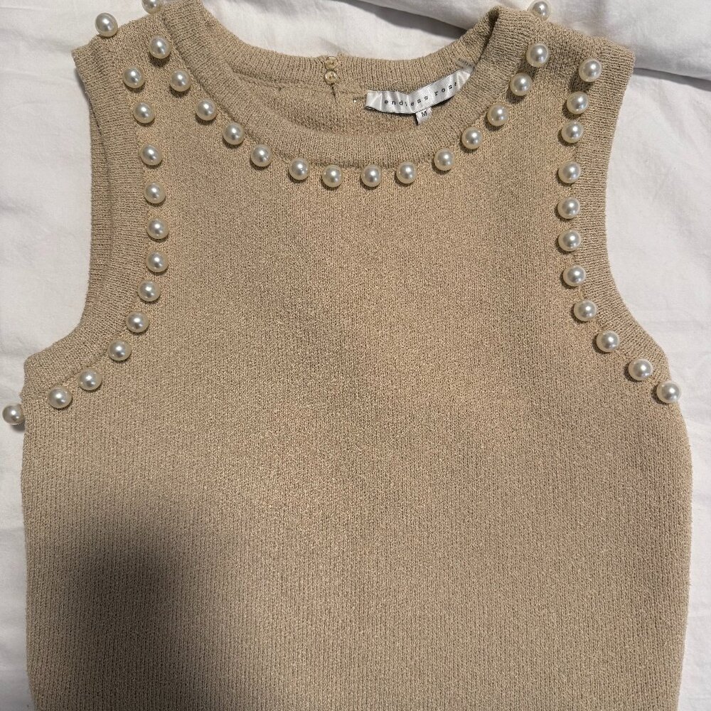 Endless Rose Pearl-Embellished Sleeveless Knit Top in Beige
